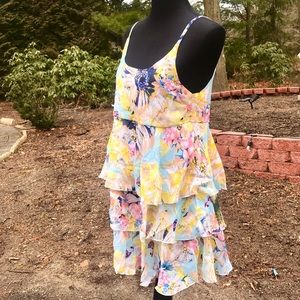 Womens yellow sleeveless ruffled tiered mini dress